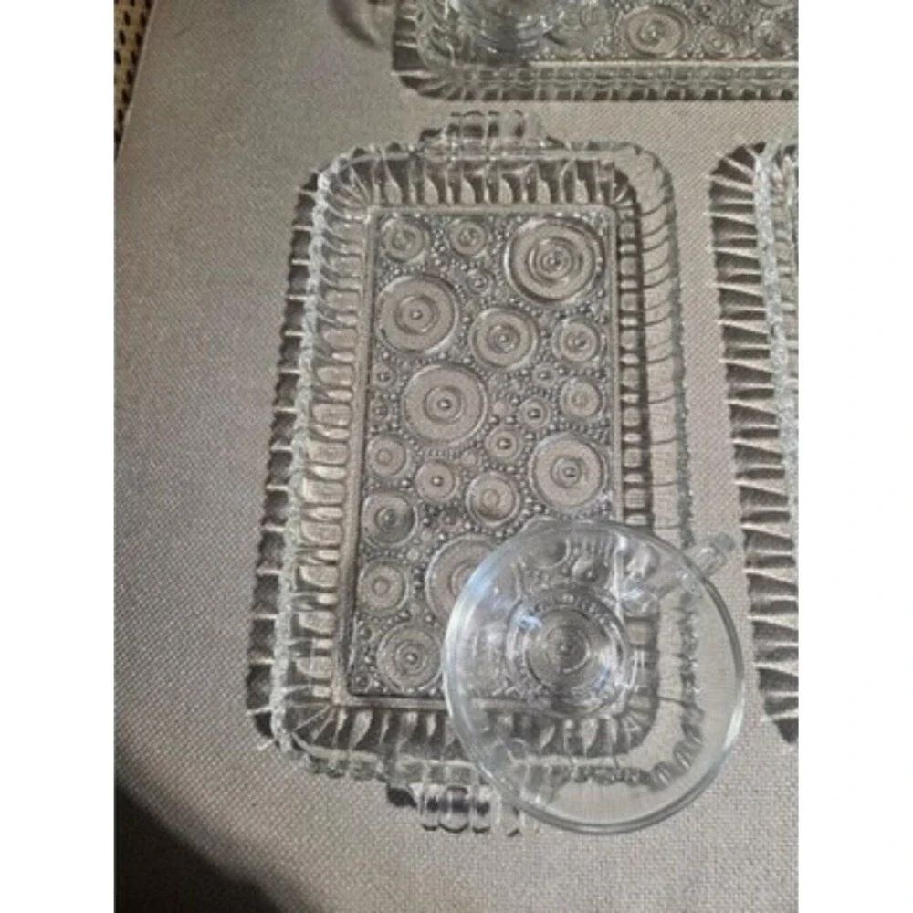 Vintage Anchor Hocking Colonial Lady Snack Set 4 Trays 4 Cups MCM Clear Glass